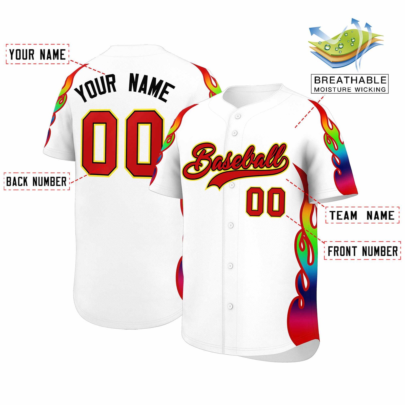 Custom White Graffiti Pattern Personalized Multicolored Flames Print Authentic Baseball Jersey
