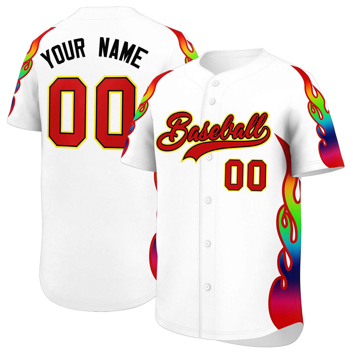Custom White Graffiti Pattern Personalized Multicolored Flames Print Authentic Baseball Jersey
