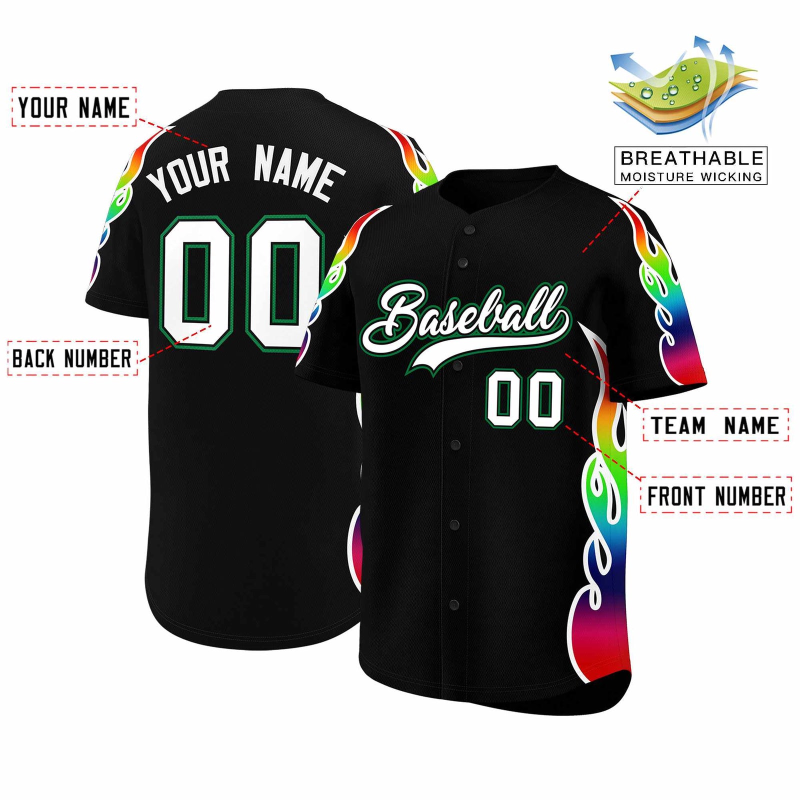 Custom Black Graffiti Pattern Personalized Multicolored Flames Print Authentic Baseball Jersey