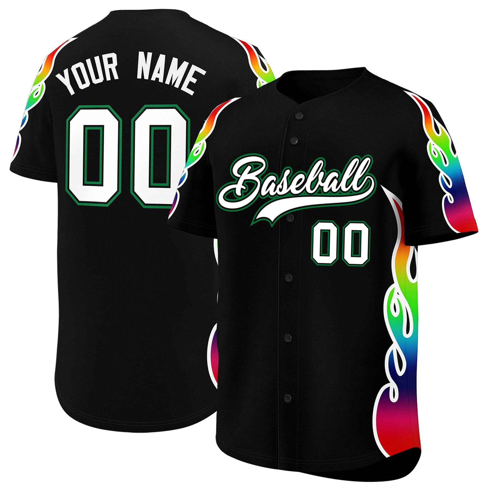 Custom Black Graffiti Pattern Personalized Multicolored Flames Print Authentic Baseball Jersey