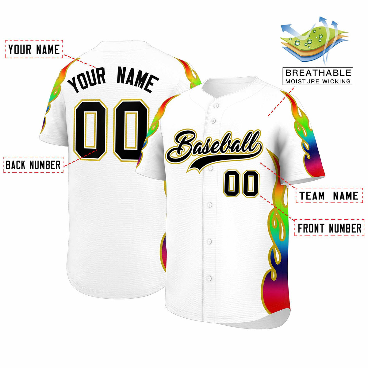Custom White Graffiti Pattern Personalized Multicolored Flames Print Authentic Baseball Jersey