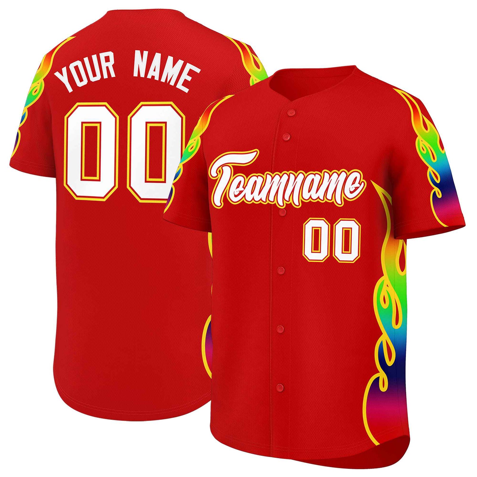 Custom Red Graffiti Pattern Personalized Multicolored Flames Print Authentic Baseball Jersey