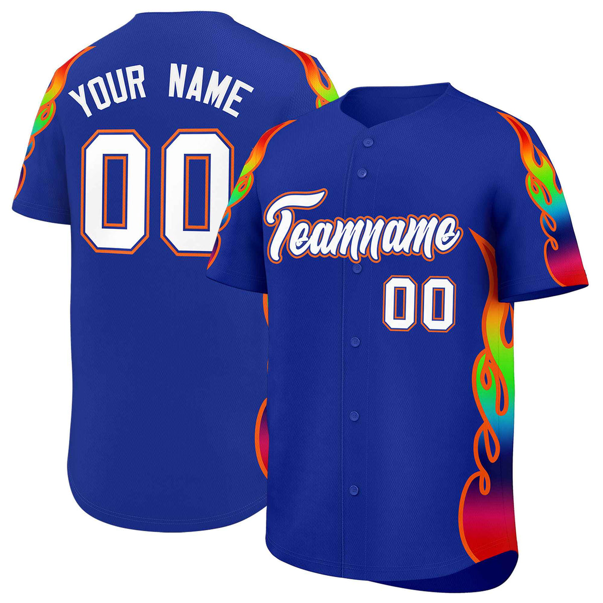 Custom Royal Graffiti Pattern Personalized Multicolored Flames Print Authentic Baseball Jersey