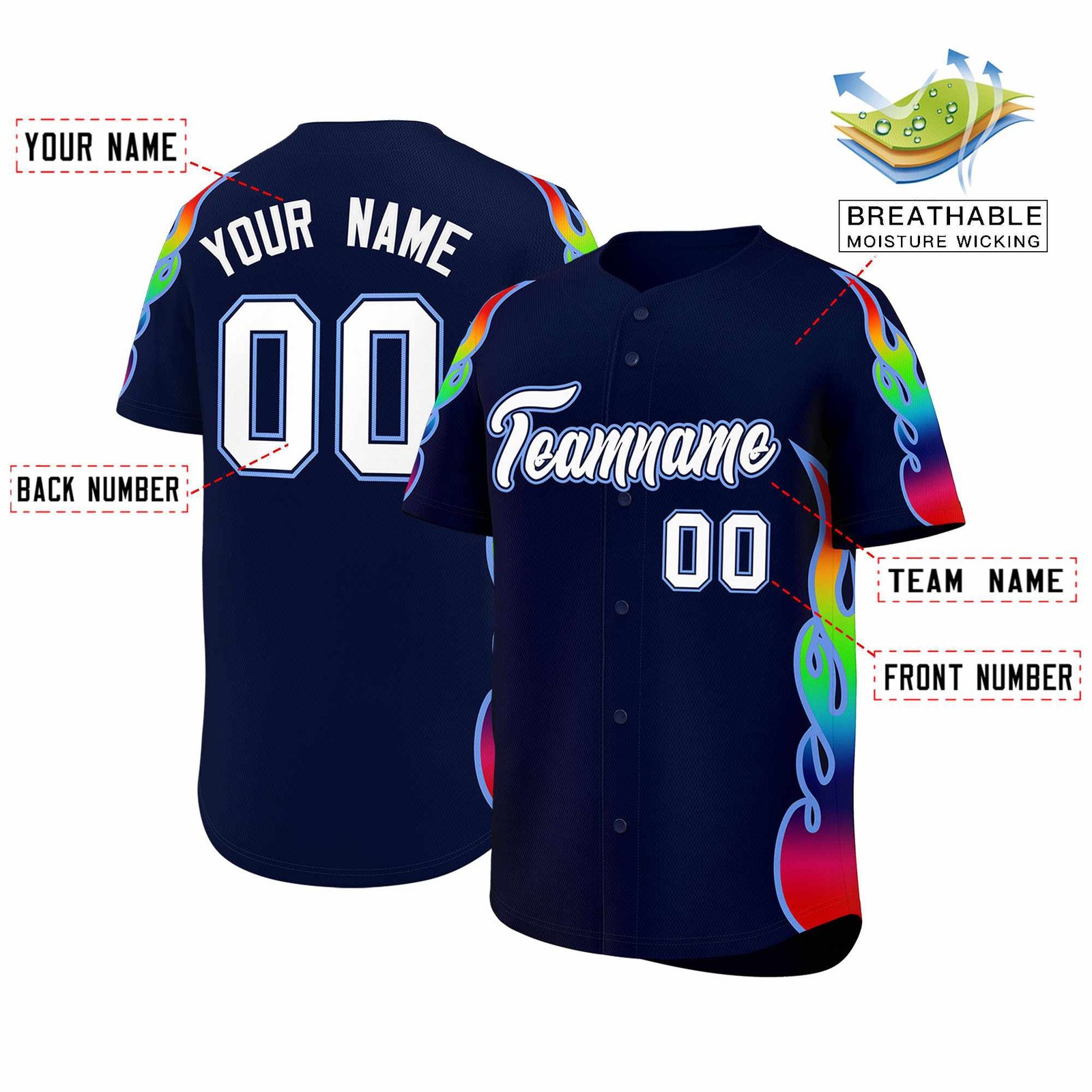 Custom Navy Graffiti Pattern Personalized Multicolored Flames Print Authentic Baseball Jersey