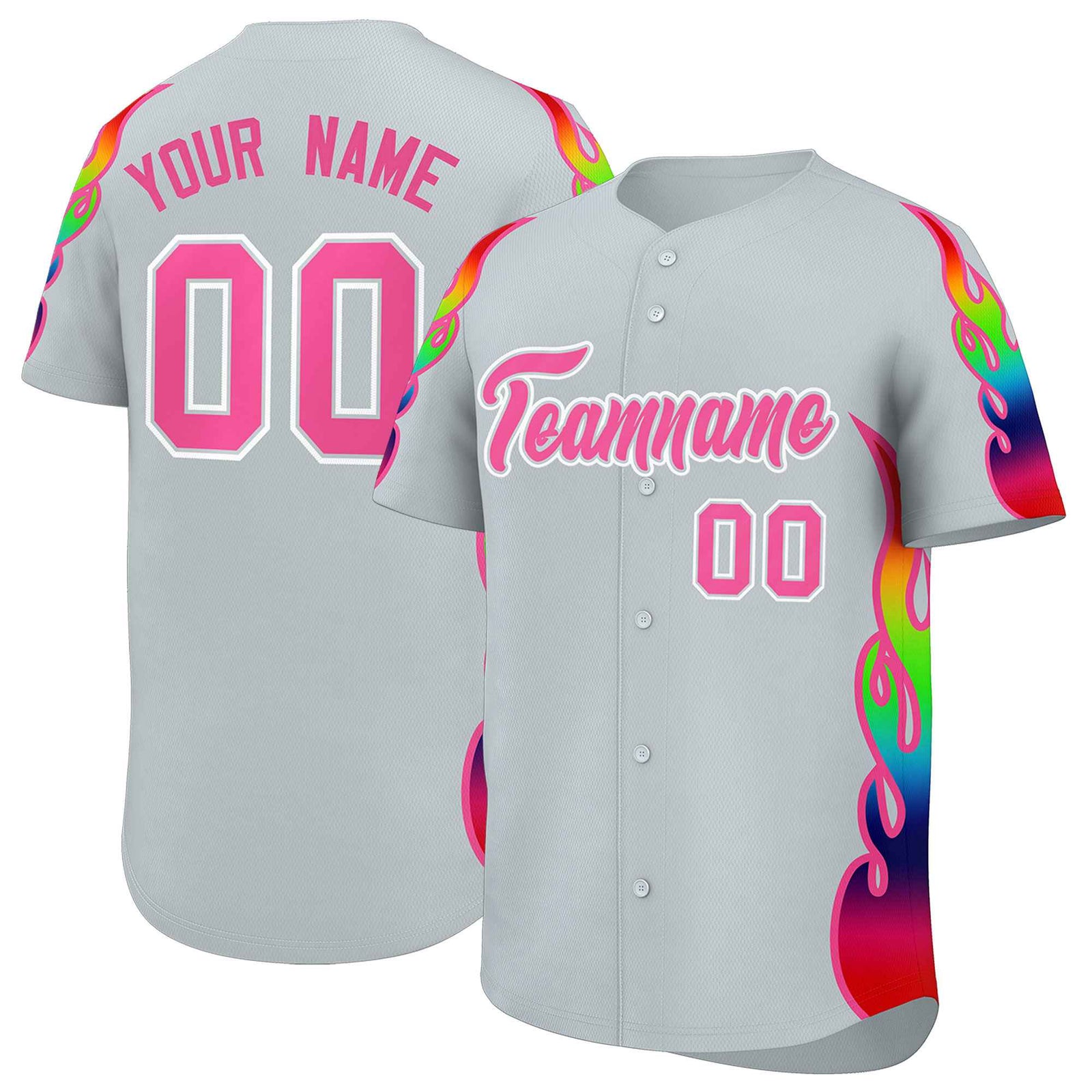 Custom Silver Graffiti Pattern Personalized Multicolored Flames Print Authentic Baseball Jersey