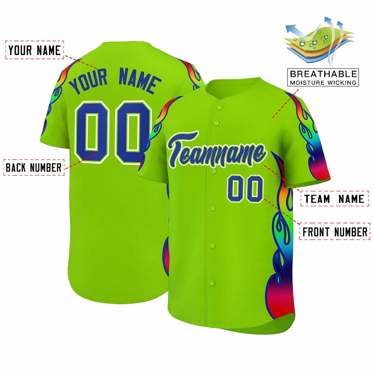 Custom Neon Green Graffiti Pattern Personalized Multicolored Flames Print Authentic Baseball Jersey