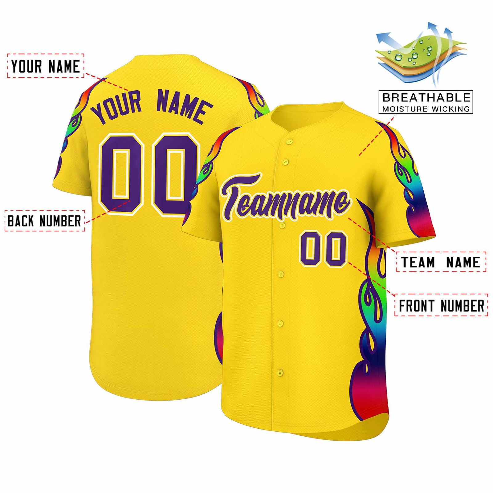 Custom Gold Graffiti Pattern Personalized Multicolored Flames Print Authentic Baseball Jersey