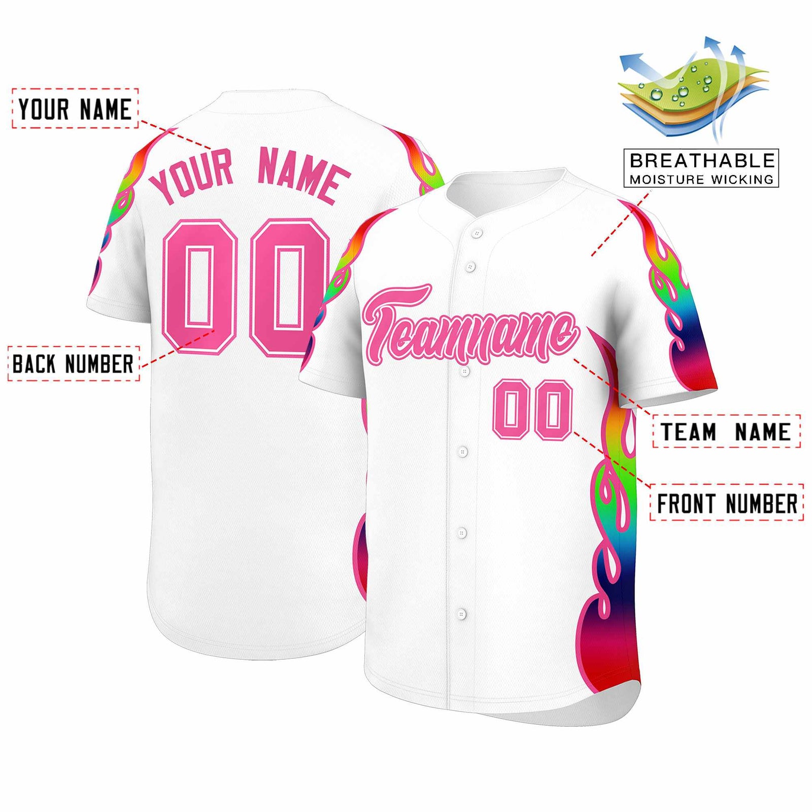 Custom White Graffiti Pattern Personalized Multicolored Flames Print Authentic Baseball Jersey