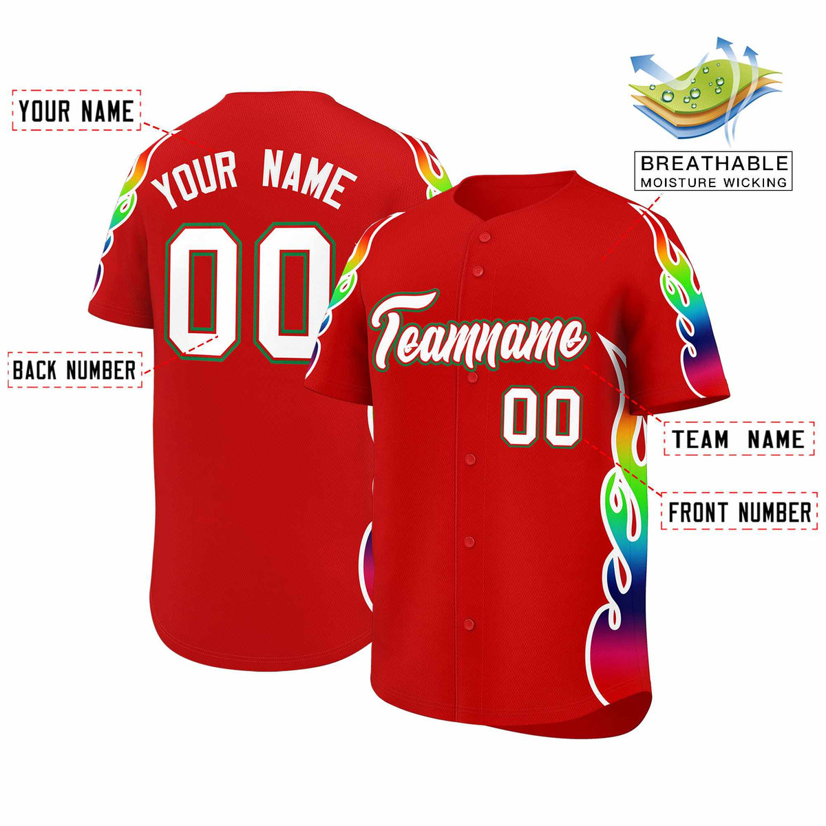 Custom Red Graffiti Pattern Personalized Multicolored Flames Print Authentic Baseball Jersey