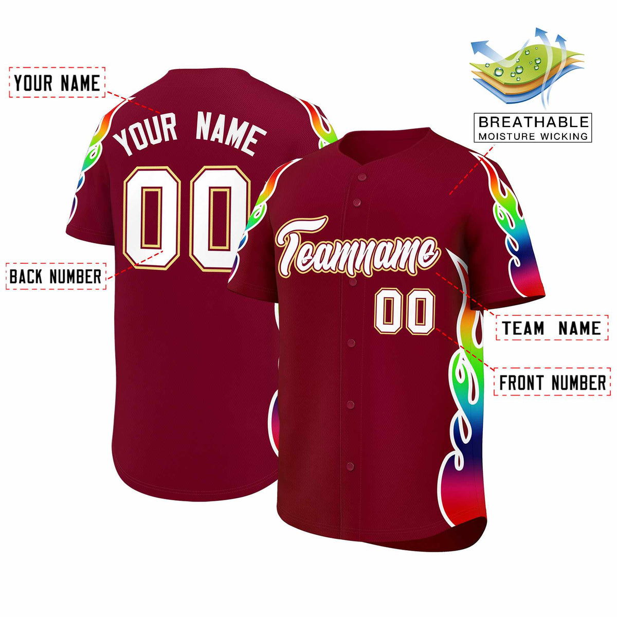 Custom Crimson Graffiti Pattern Personalized Multicolored Flames Print Authentic Baseball Jersey