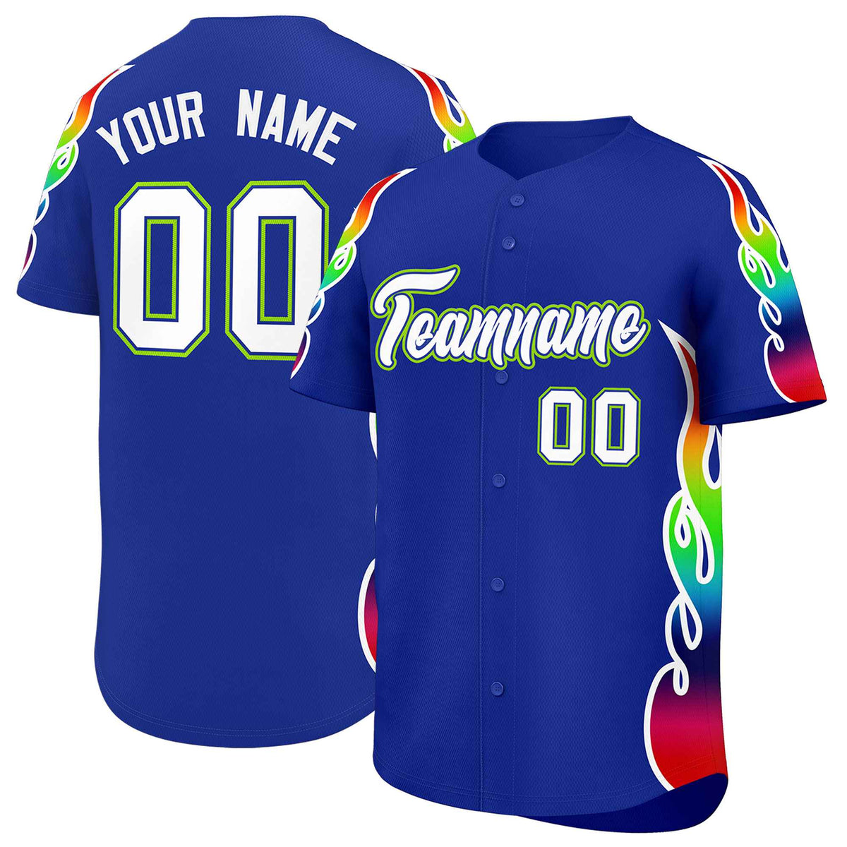 Custom Royal Graffiti Pattern Personalized Multicolored Flames Print Authentic Baseball Jersey
