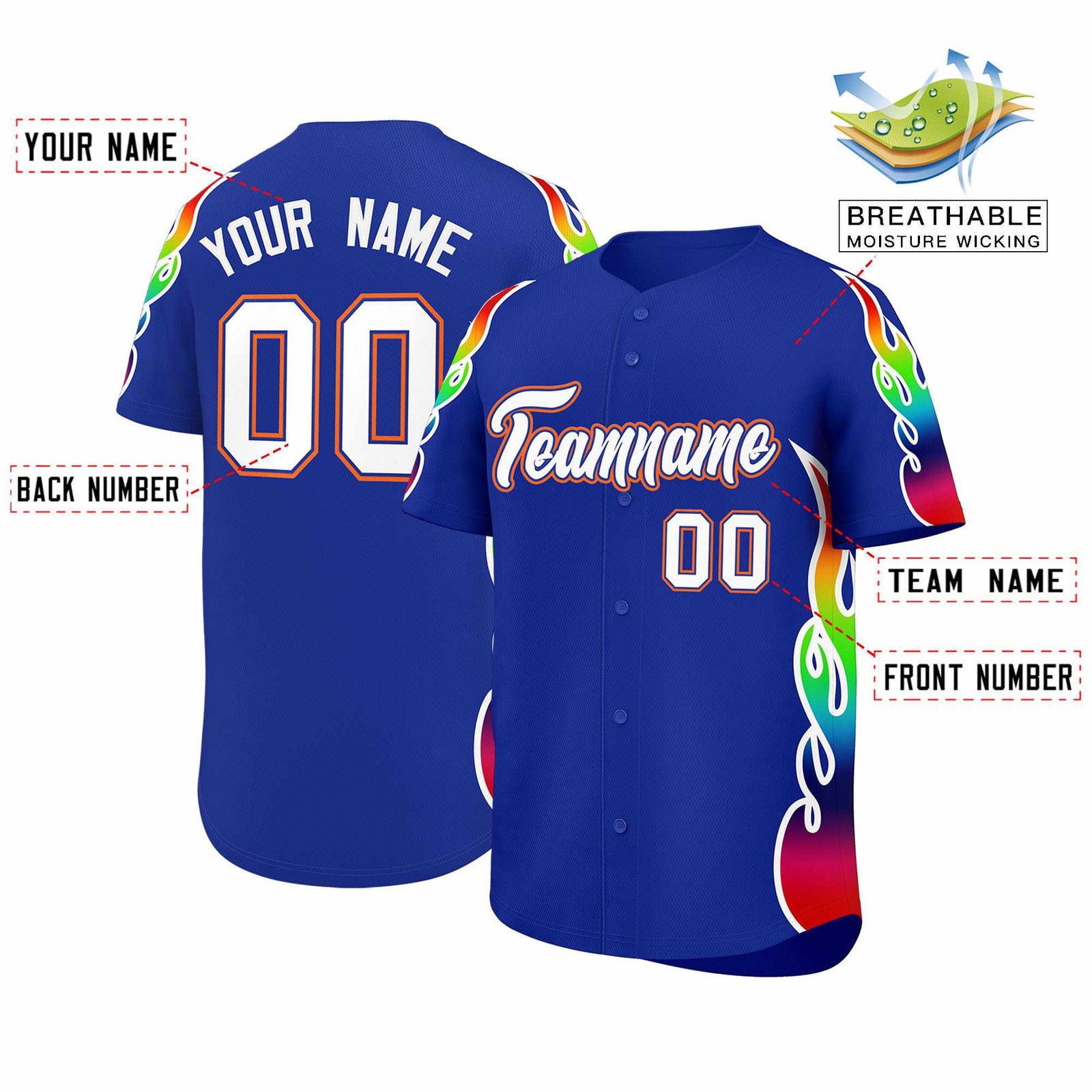 Custom Royal Graffiti Pattern Personalized Multicolored Flames Print Authentic Baseball Jersey