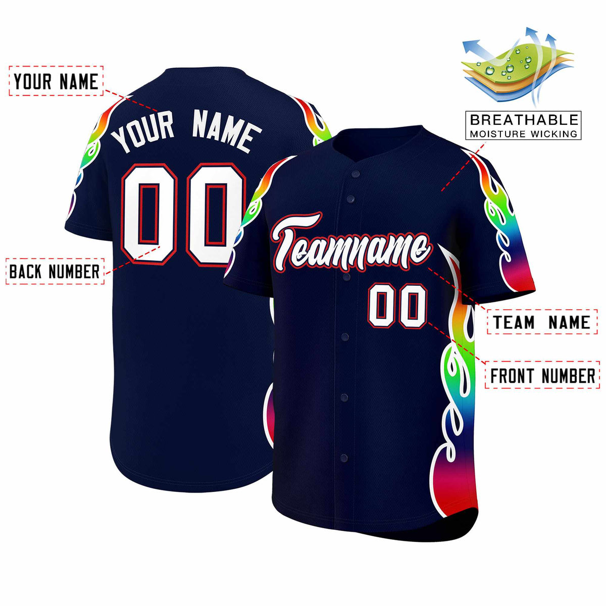 Custom Navy Graffiti Pattern Personalized Multicolored Flames Print Authentic Baseball Jersey
