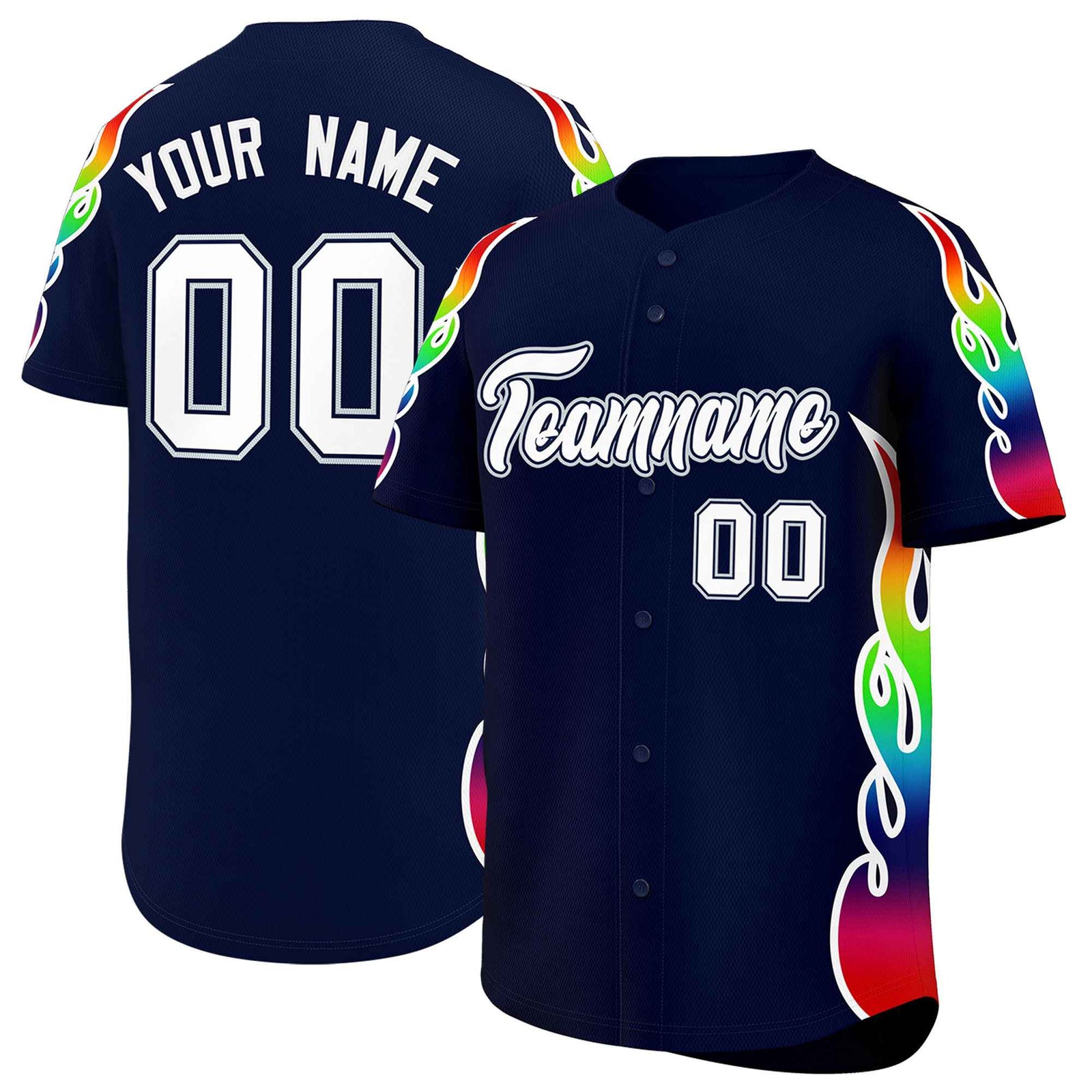 Custom Navy Graffiti Pattern Personalized Multicolored Flames Print Authentic Baseball Jersey