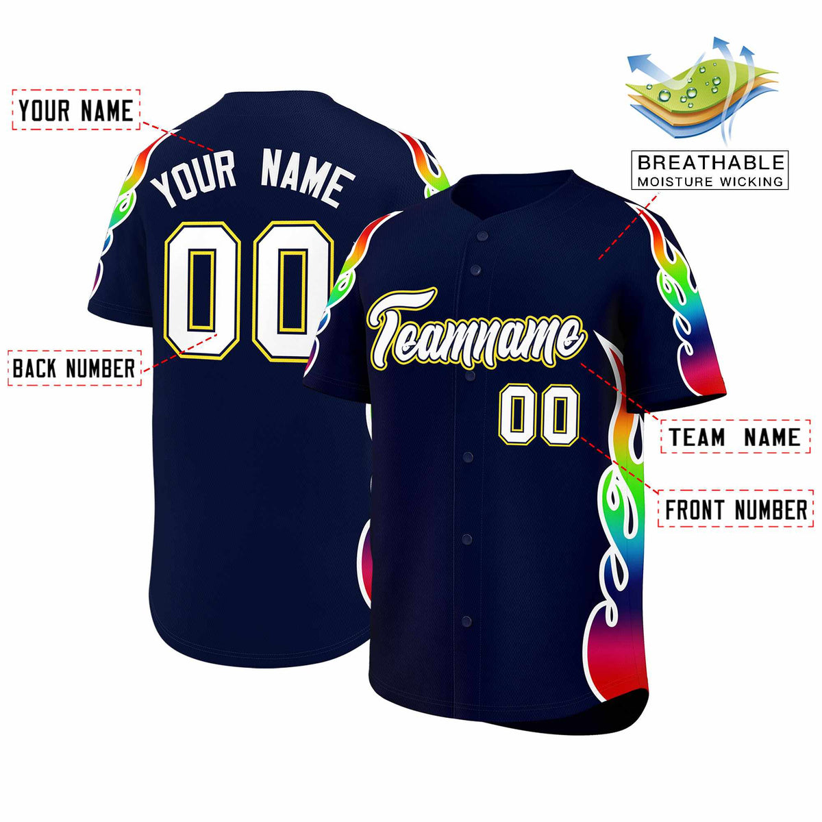 Custom Navy Graffiti Pattern Personalized Multicolored Flames Print Authentic Baseball Jersey