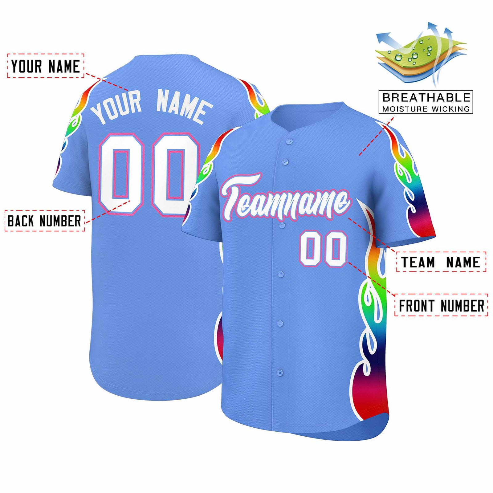 Custom Light Blue Graffiti Pattern Personalized Multicolored Flames Print Authentic Baseball Jersey