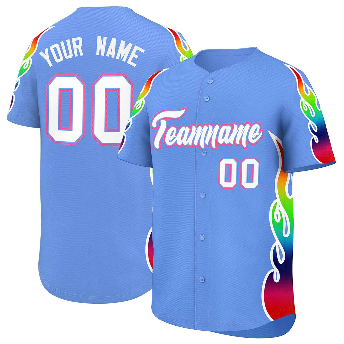 Custom Light Blue Graffiti Pattern Personalized Multicolored Flames Print Authentic Baseball Jersey