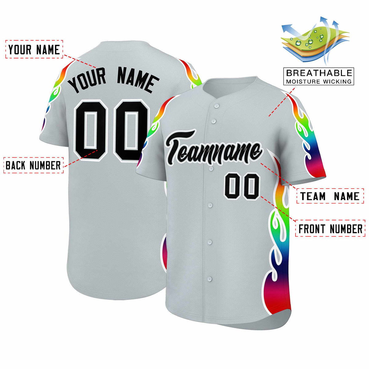 Custom Silver Graffiti Pattern Personalized Multicolored Flames Print Authentic Baseball Jersey