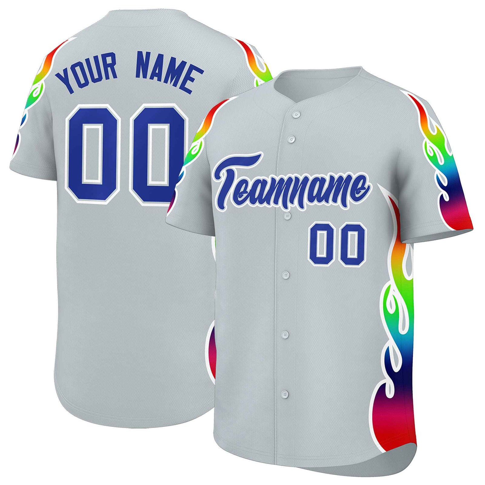Custom Silver Graffiti Pattern Personalized Multicolored Flames Print Authentic Baseball Jersey