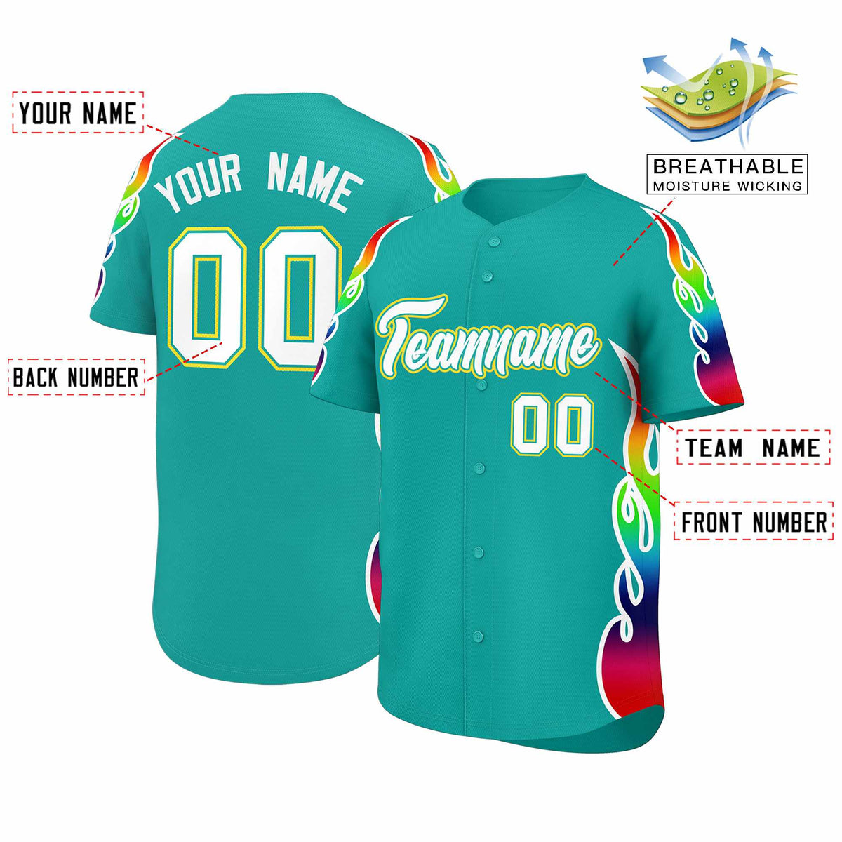 Custom Aqua Graffiti Pattern Personalized Multicolored Flames Print Authentic Baseball Jersey