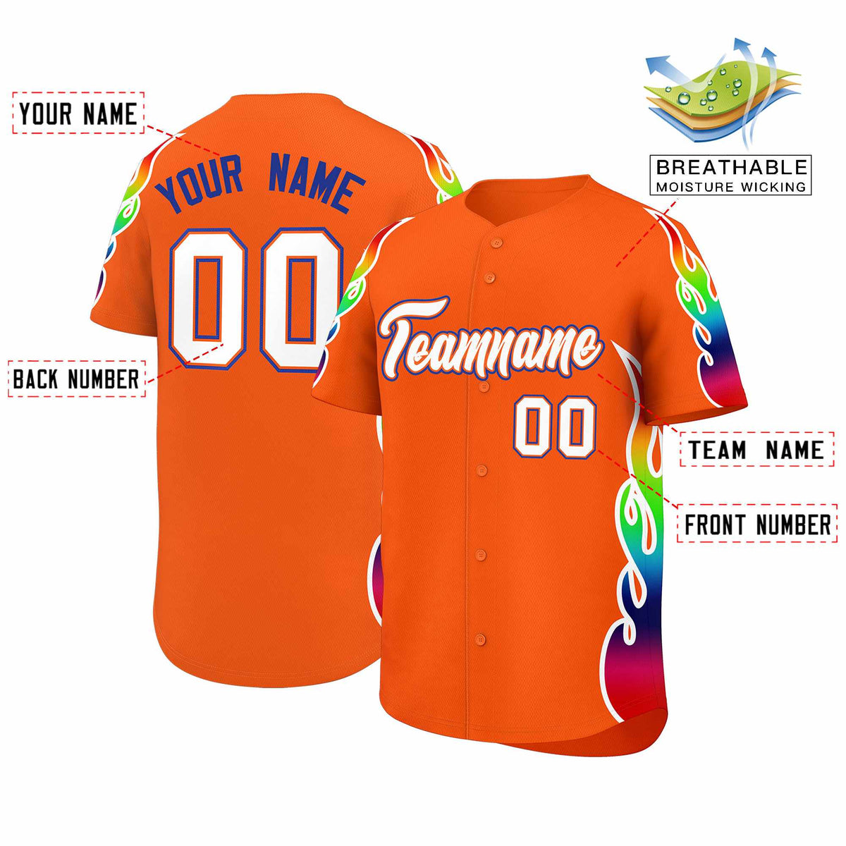 Custom Orange Graffiti Pattern Personalized Multicolored Flames Print Authentic Baseball Jersey