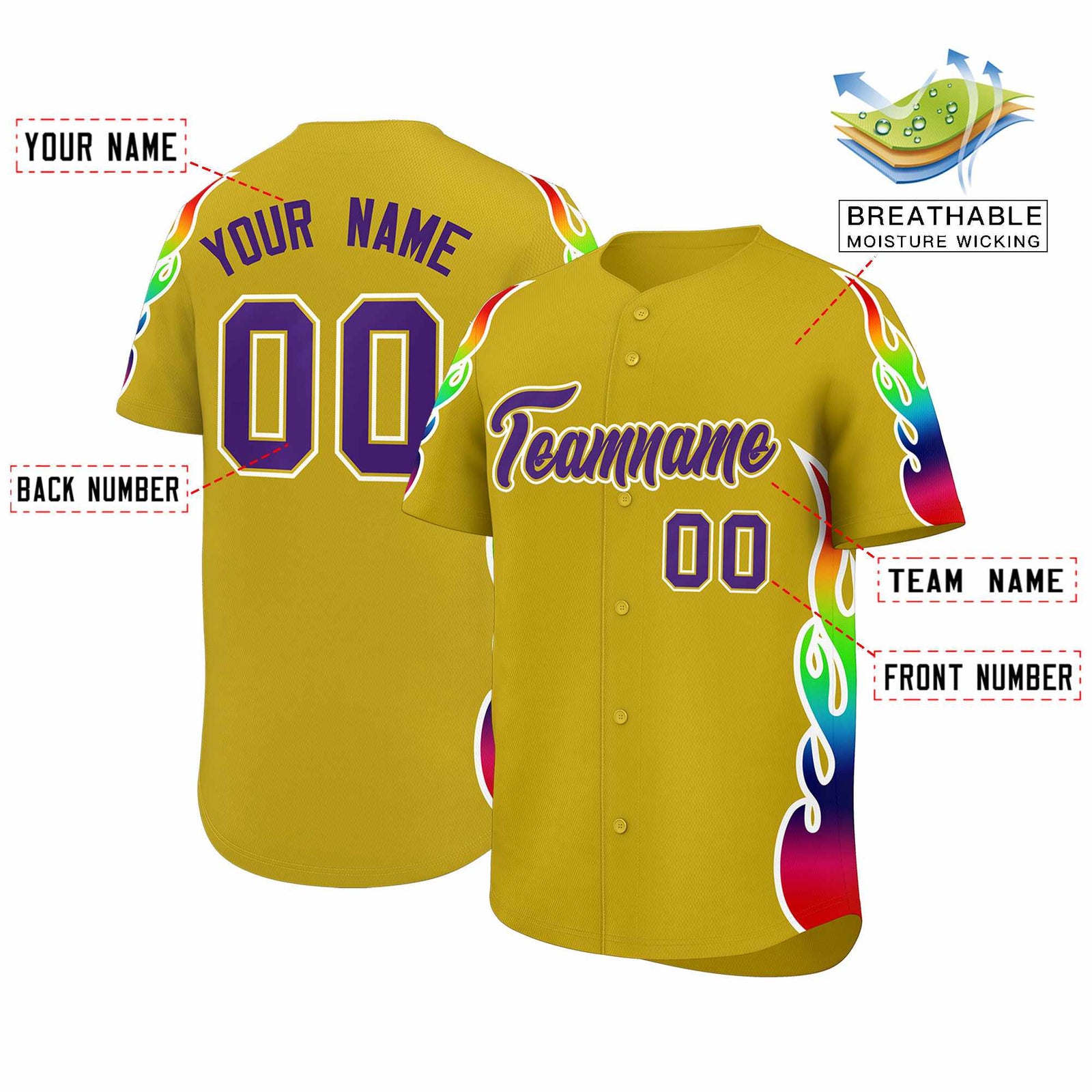 Custom Old Gold Graffiti Pattern Personalized Multicolored Flames Print Authentic Baseball Jersey