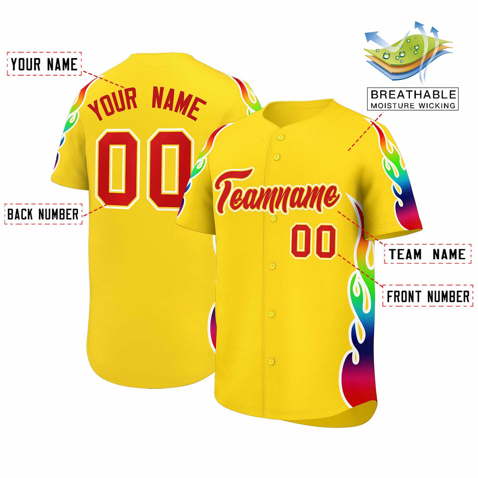 Custom Gold Graffiti Pattern Personalized Multicolored Flames Print Authentic Baseball Jersey