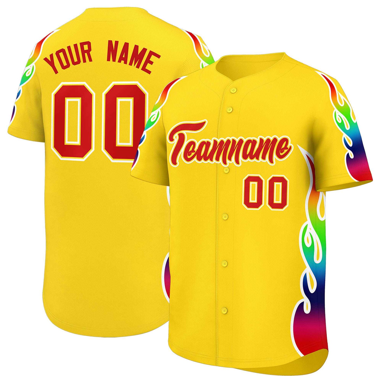 Custom Gold Graffiti Pattern Personalized Multicolored Flames Print Authentic Baseball Jersey
