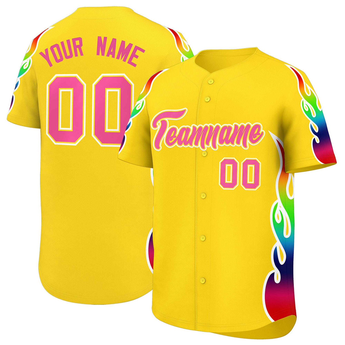 Custom Gold Graffiti Pattern Personalized Multicolored Flames Print Authentic Baseball Jersey