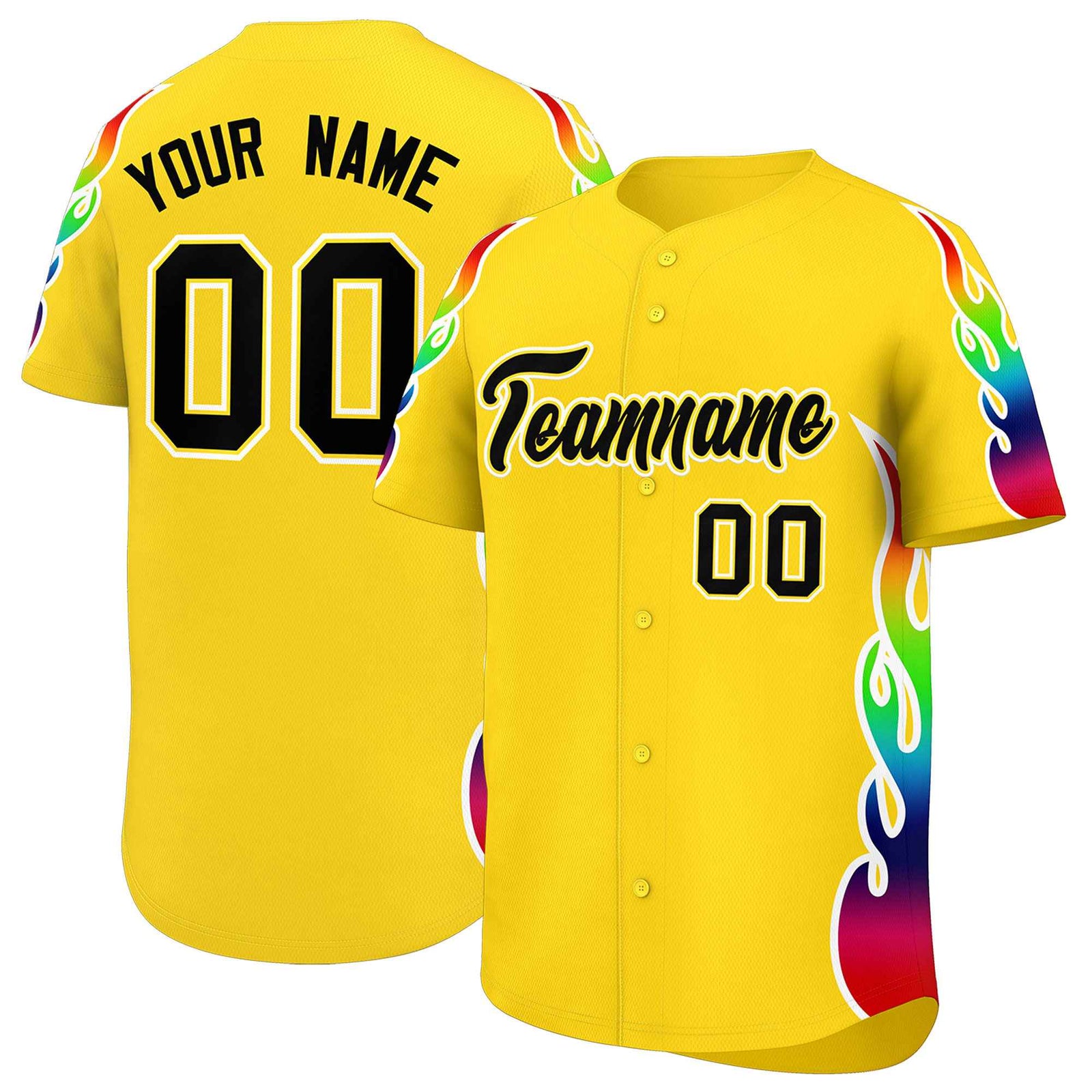 Custom Gold Graffiti Pattern Personalized Multicolored Flames Print Authentic Baseball Jersey