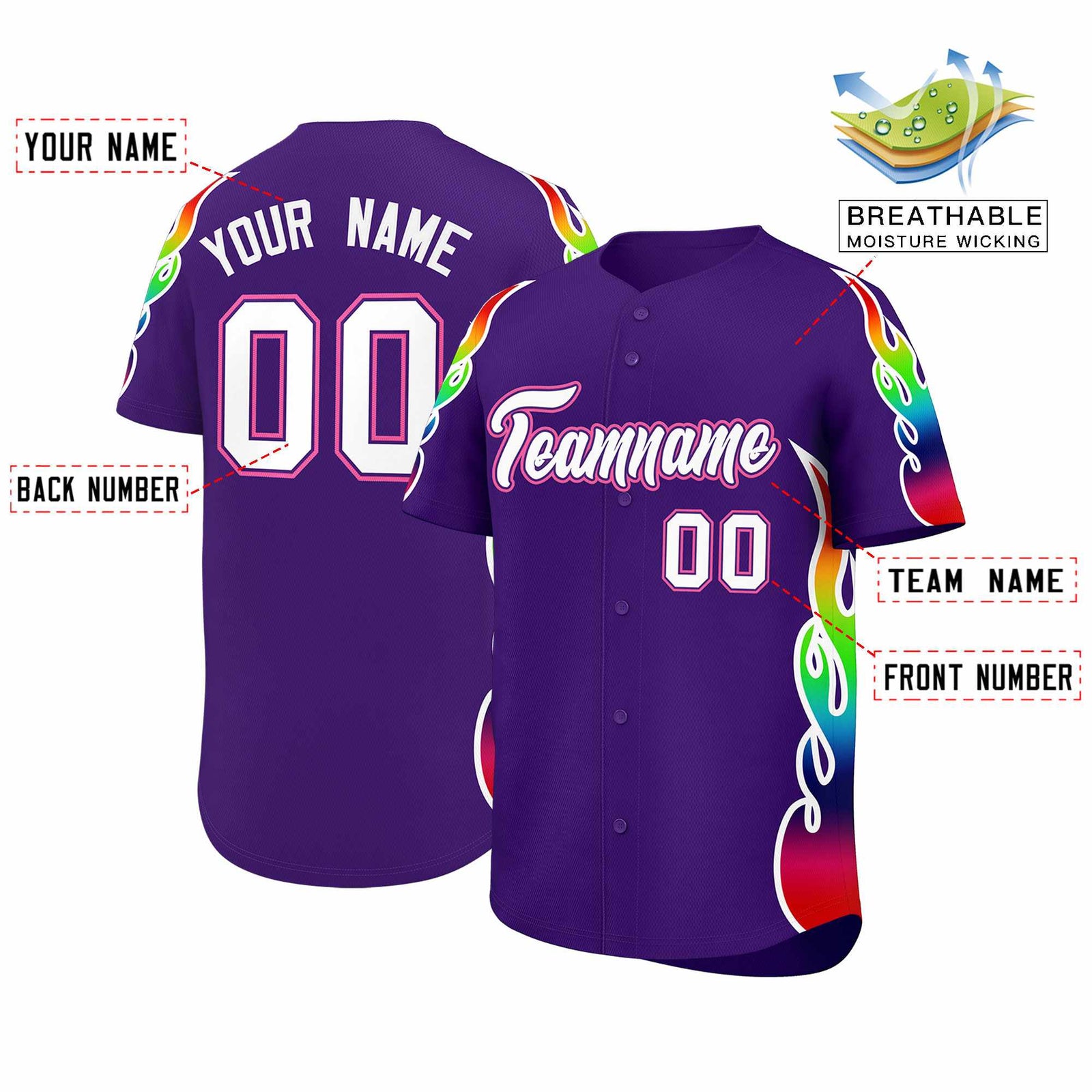 Custom Purple Graffiti Pattern Personalized Multicolored Flames Print Authentic Baseball Jersey