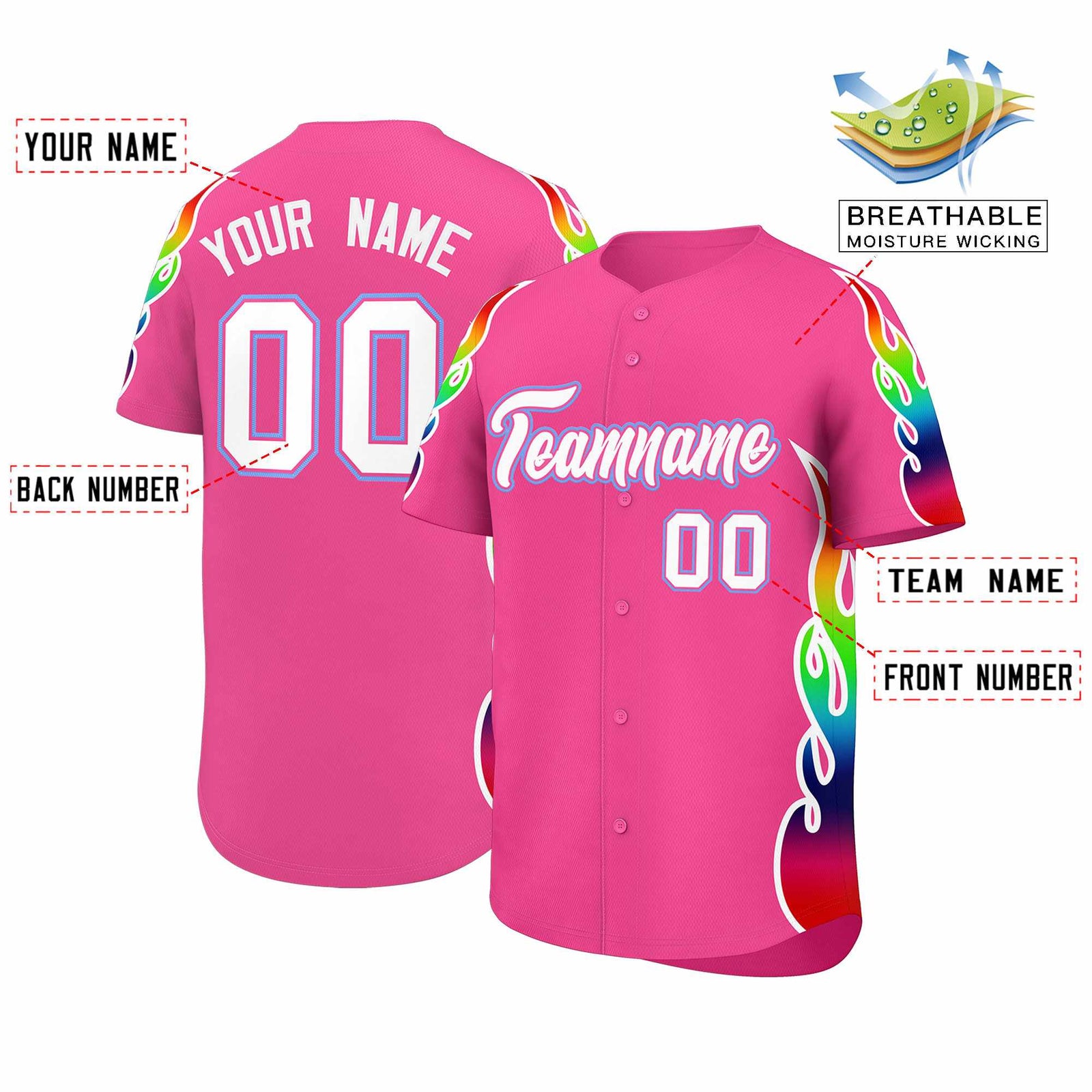 Custom Pink Graffiti Pattern Personalized Multicolored Flames Print Authentic Baseball Jersey