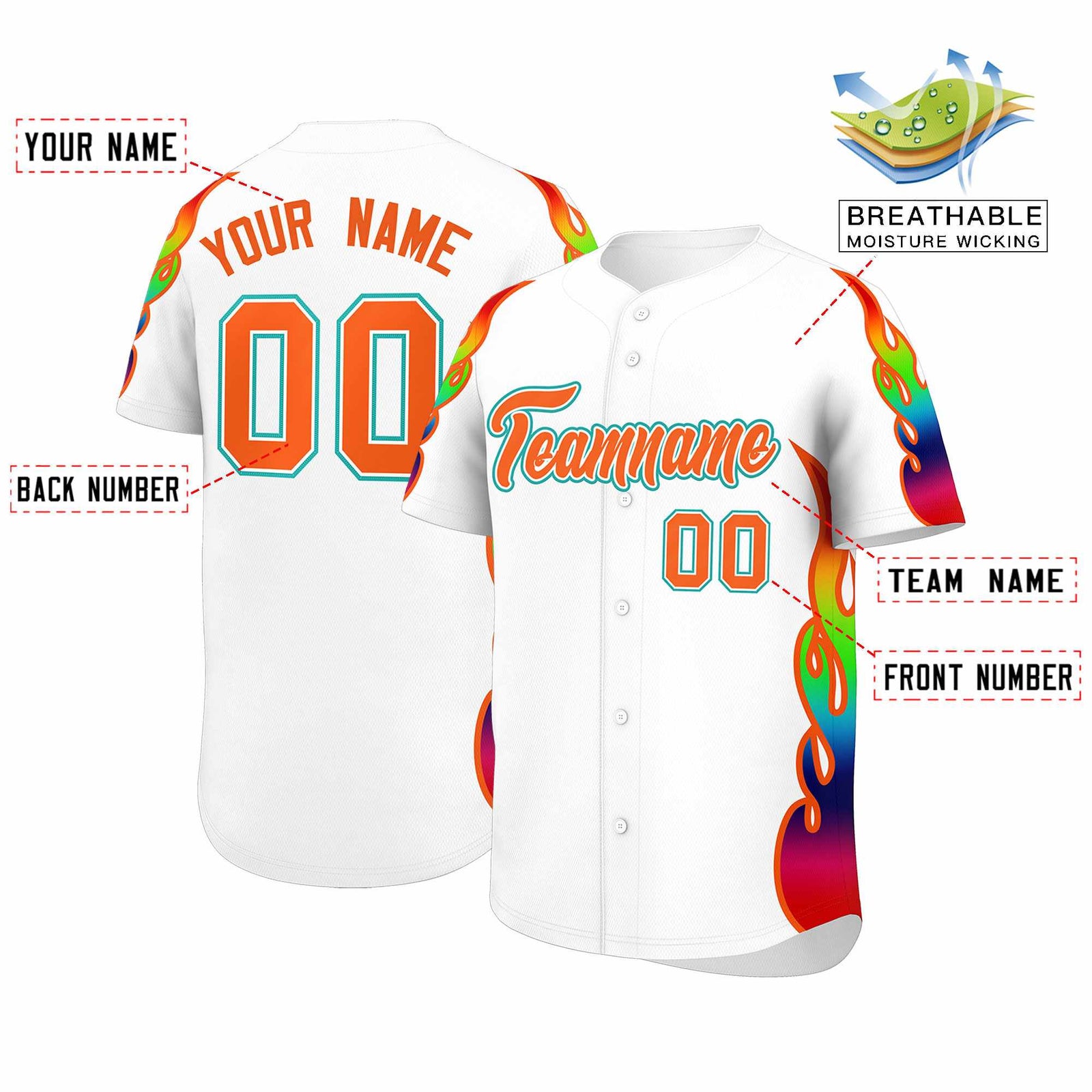 Custom White Graffiti Pattern Personalized Multicolored Flames Print Authentic Baseball Jersey