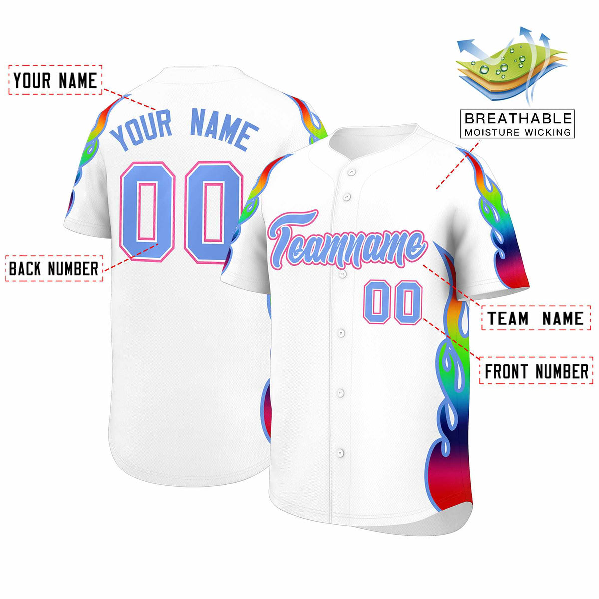 Custom White Graffiti Pattern Personalized Multicolored Flames Print Authentic Baseball Jersey