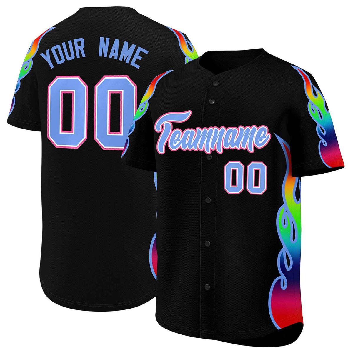 Custom Black Graffiti Pattern Personalized Multicolored Flames Print Authentic Baseball Jersey