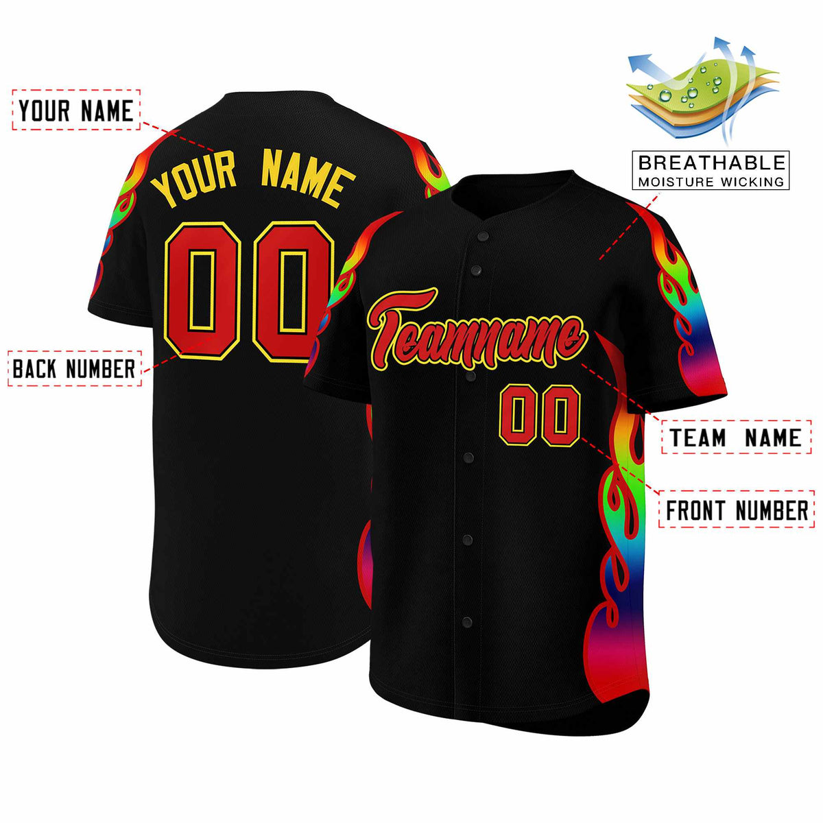 Custom Black Graffiti Pattern Personalized Multicolored Flames Print Authentic Baseball Jersey