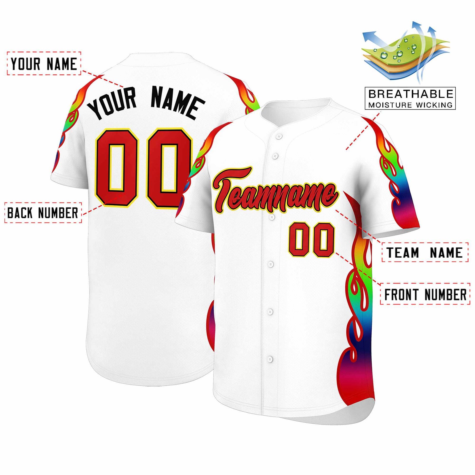 Custom White Graffiti Pattern Personalized Multicolored Flames Print Authentic Baseball Jersey