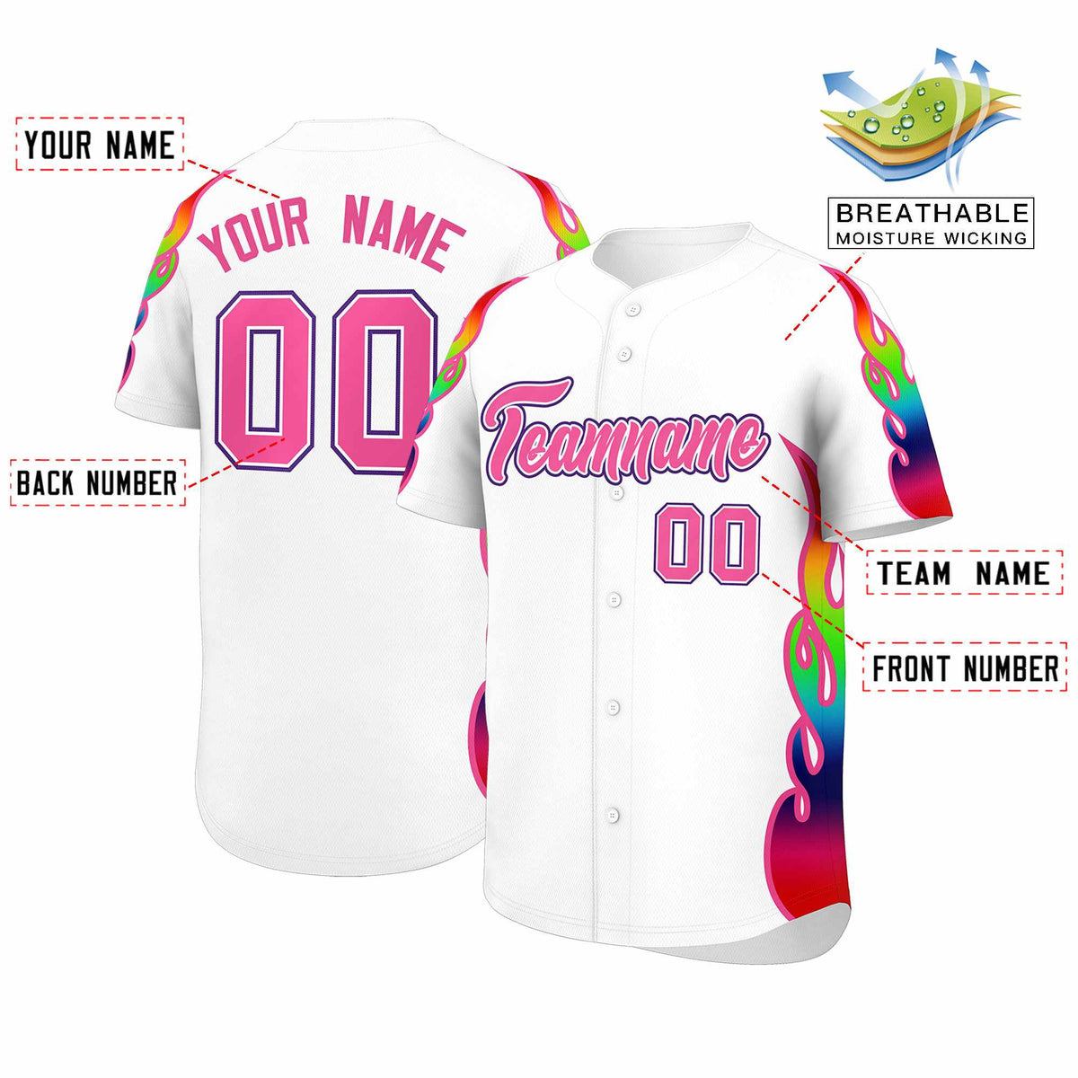 Custom White Graffiti Pattern Personalized Multicolored Flames Print Authentic Baseball Jersey