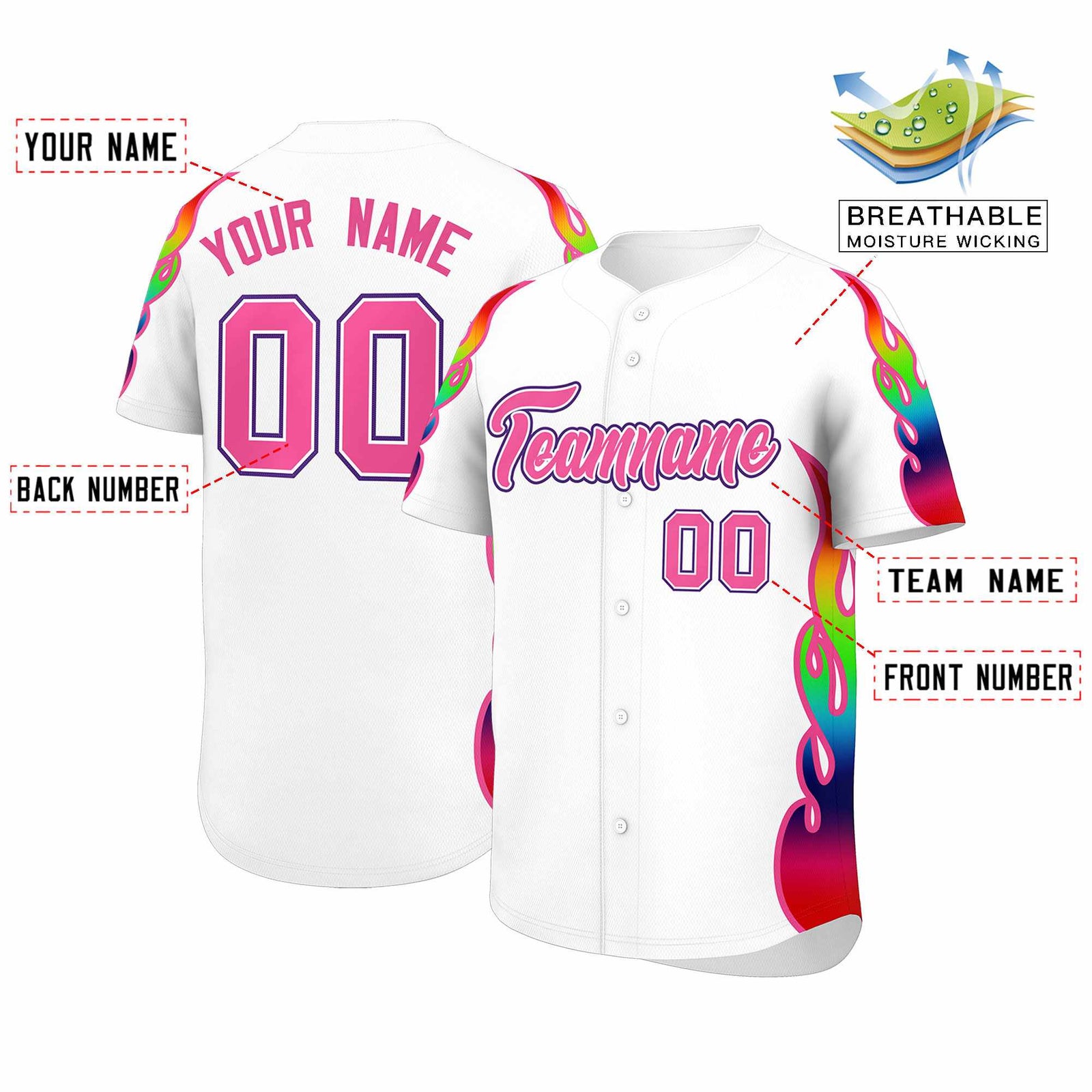 Custom White Graffiti Pattern Personalized Multicolored Flames Print Authentic Baseball Jersey