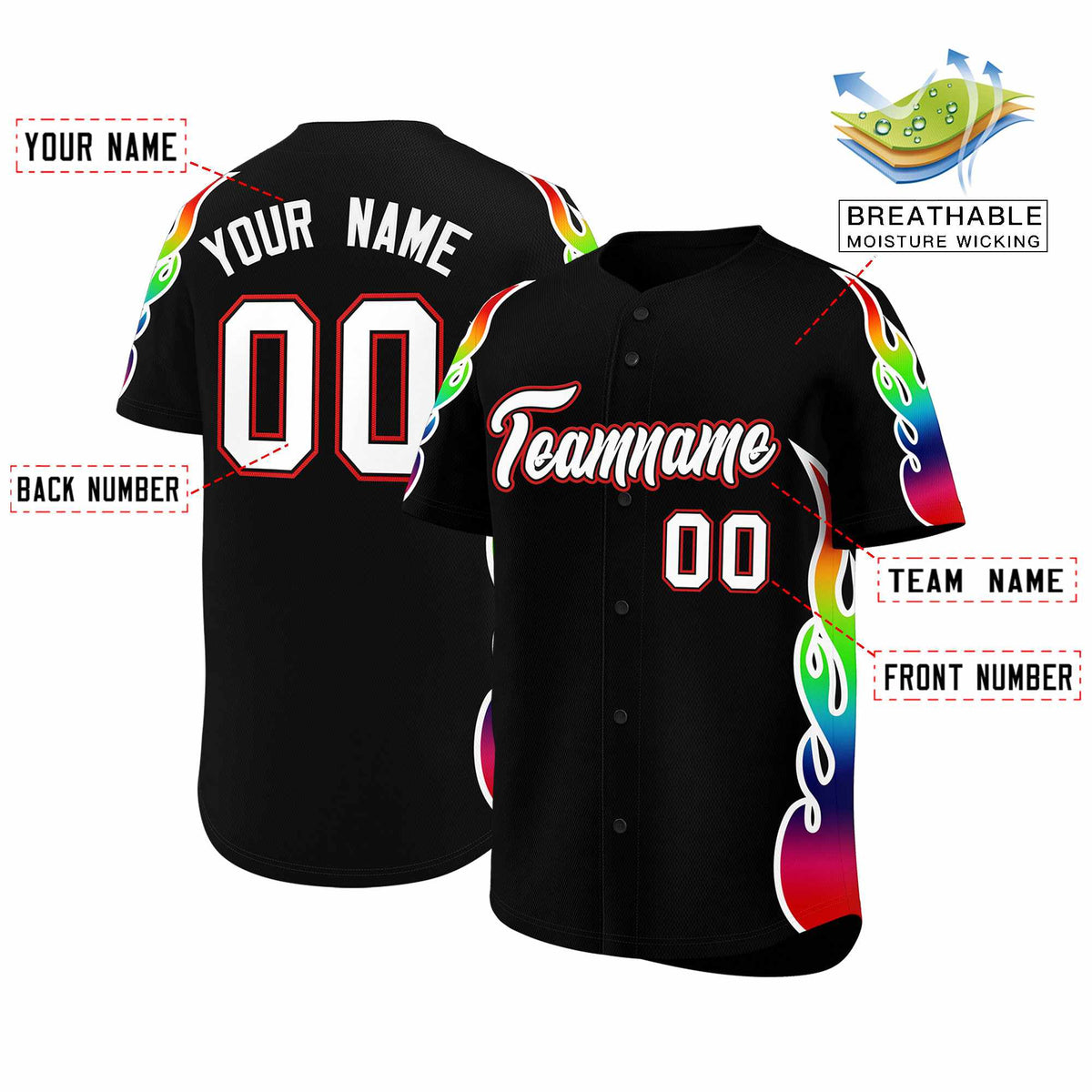 Custom Black Graffiti Pattern Personalized Multicolored Flames Print Authentic Baseball Jersey