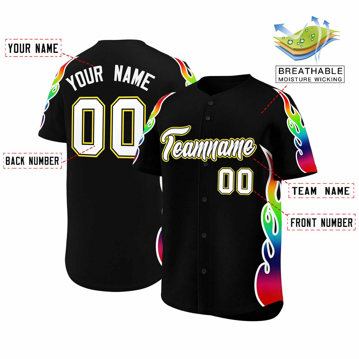 Custom Black Graffiti Pattern Personalized Multicolored Flames Print Authentic Baseball Jersey