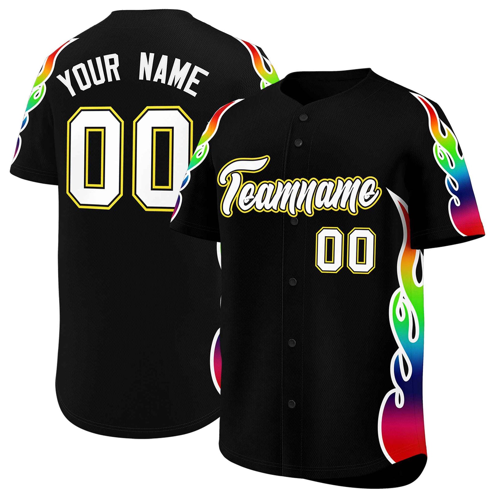 Custom Black Graffiti Pattern Personalized Multicolored Flames Print Authentic Baseball Jersey