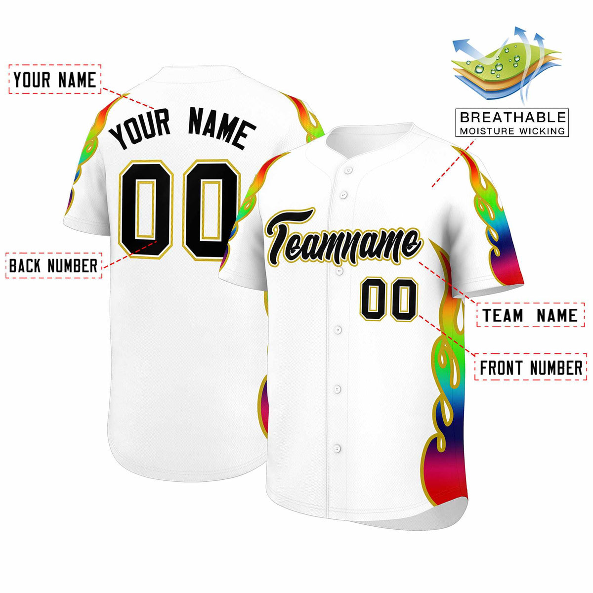 Custom White Graffiti Pattern Personalized Multicolored Flames Print Authentic Baseball Jersey