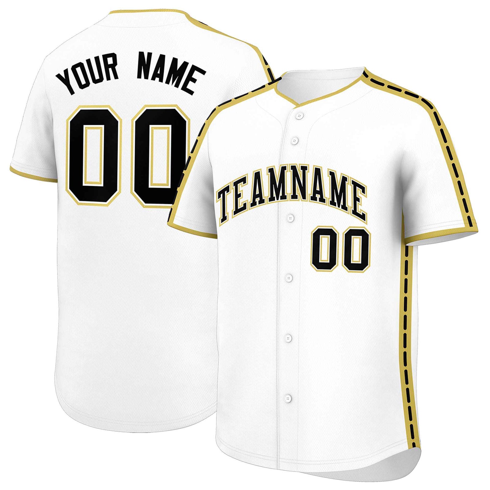 Custom White Old Gold Color Block Personalized Side Dotted Line Authentic Baseball Jersey