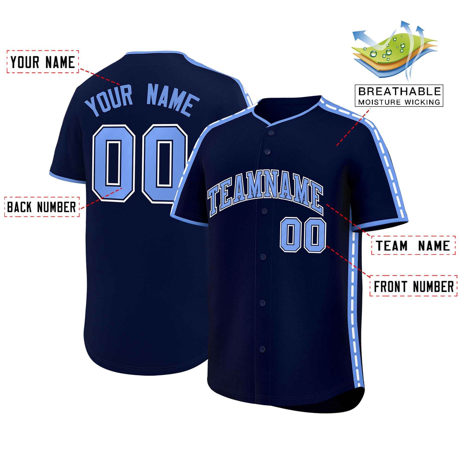 Custom Navy Light Blue Color Block Personalized Side Dotted Line Authentic Baseball Jersey