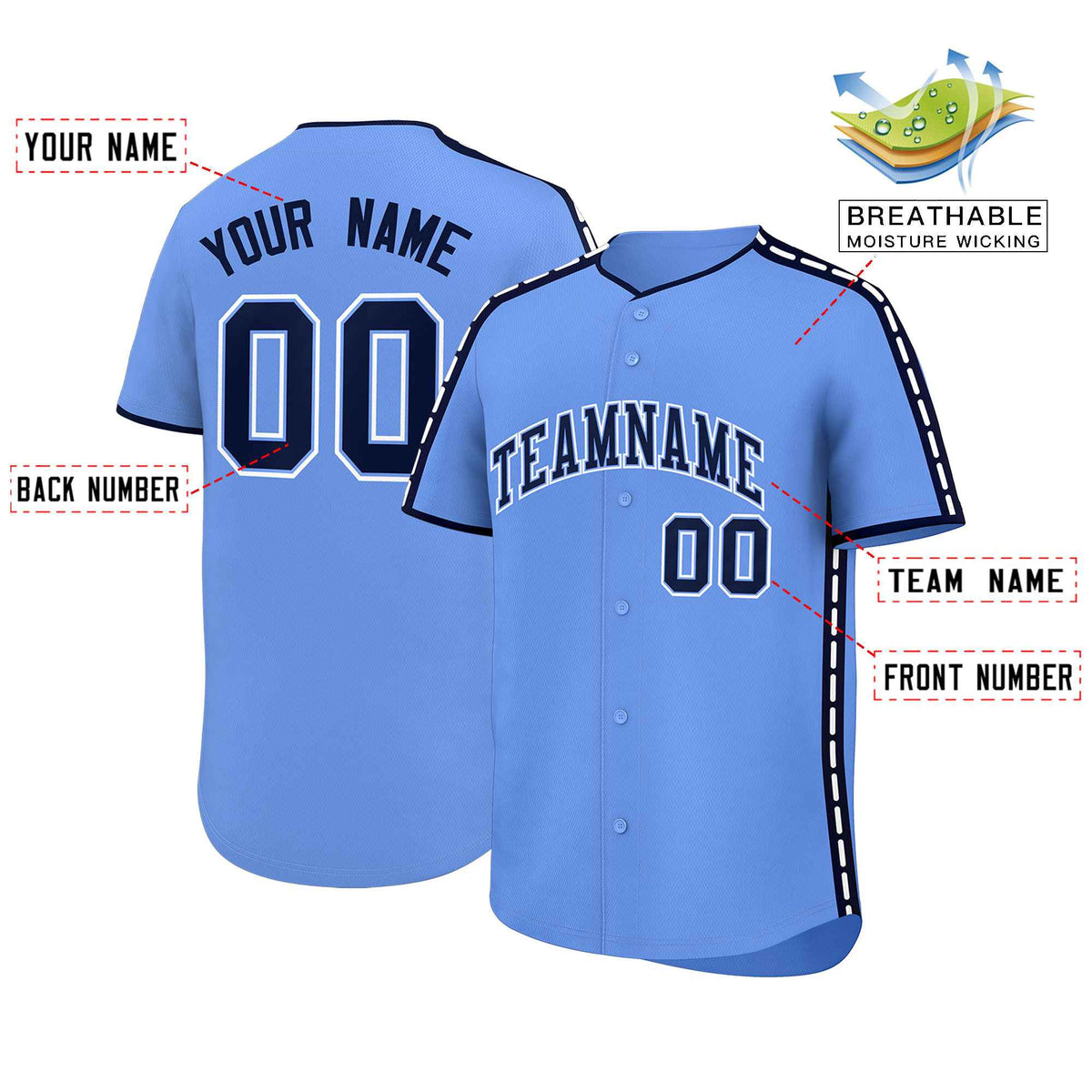 Custom Light Blue Navy Color Block Personalized Side Dotted Line Authentic Baseball Jersey