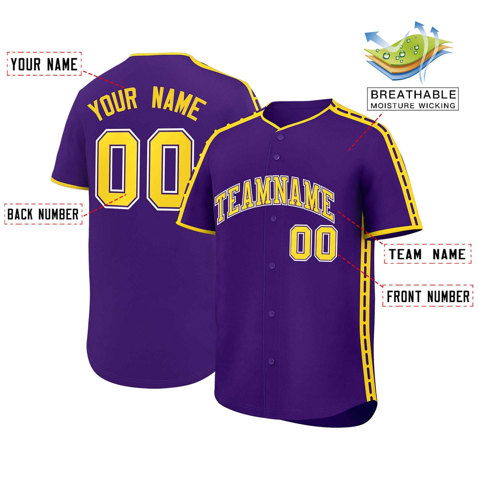 Custom Purple Gold Color Block Personalized Side Dotted Line Authentic Baseball Jersey