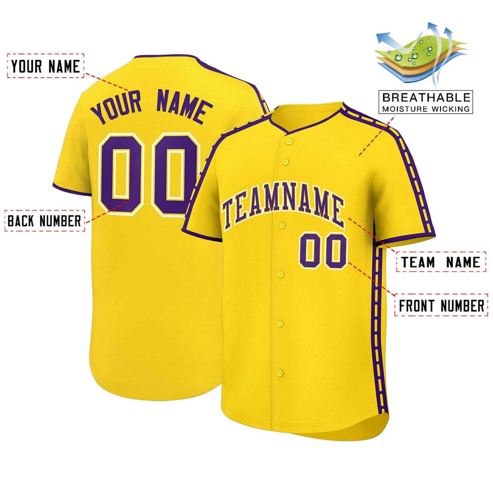 Custom Gold Purple Color Block Personalized Side Dotted Line Authentic Baseball Jersey