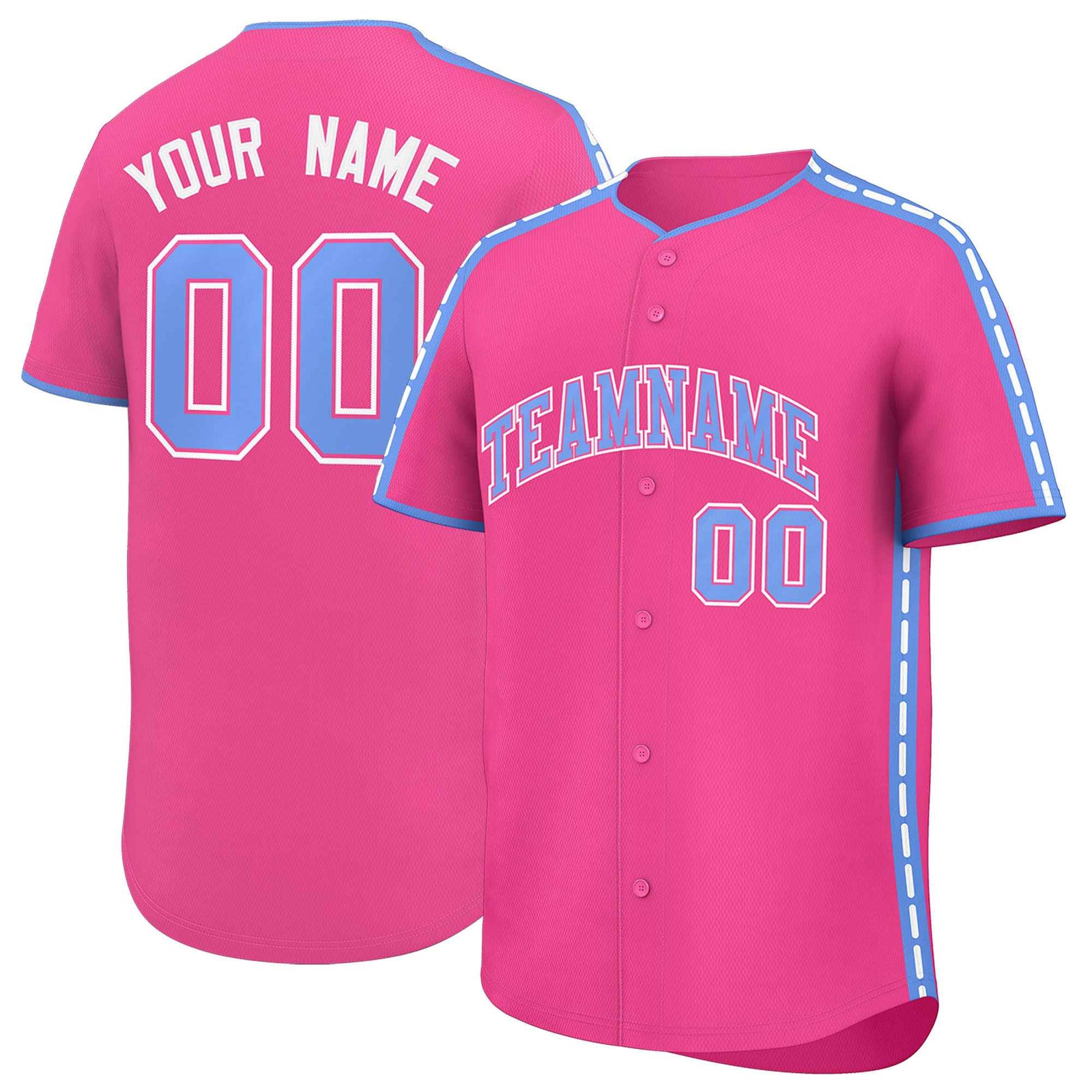 Custom Pink Light Blue Color Block Personalized Side Dotted Line Authentic Baseball Jersey