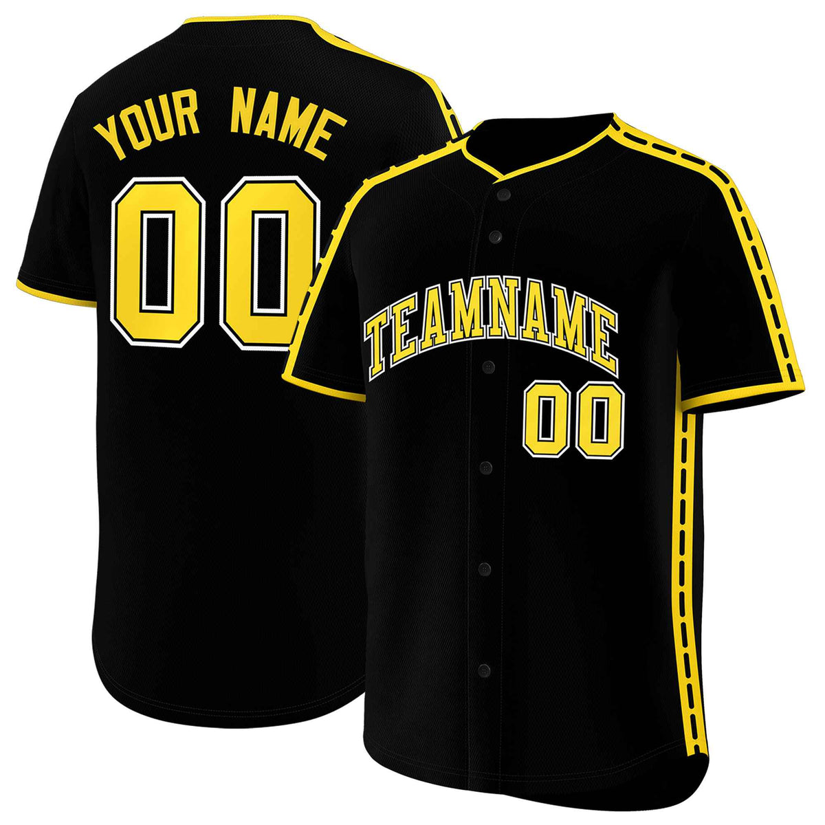 Custom Black Gold Color Block Personalized Side Dotted Line Authentic Baseball Jersey